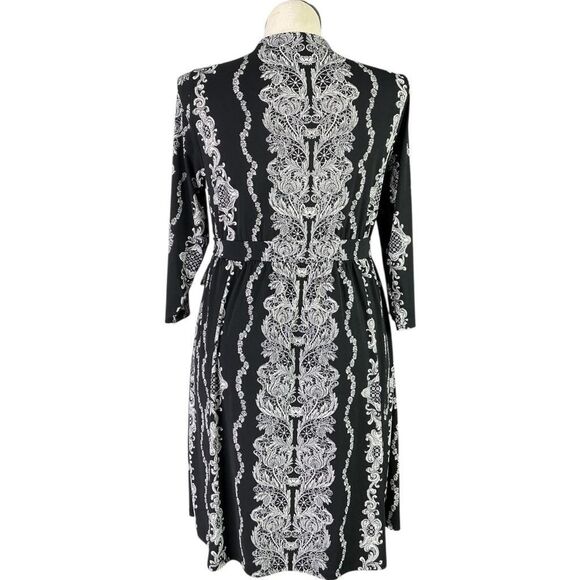 Lane Bryant Wrap Dress Women 14/16 Black White Floral 3/4 Sleeve Belted V Neck - Picture 7 of 8